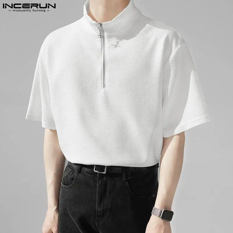 Мужские футболки с однотонным дизайном в корейском стиле, повседневные уличные мужские топы Camiseta S-5XL INCERUN с короткими рукавами и застежкой-молнией на шее, 3023