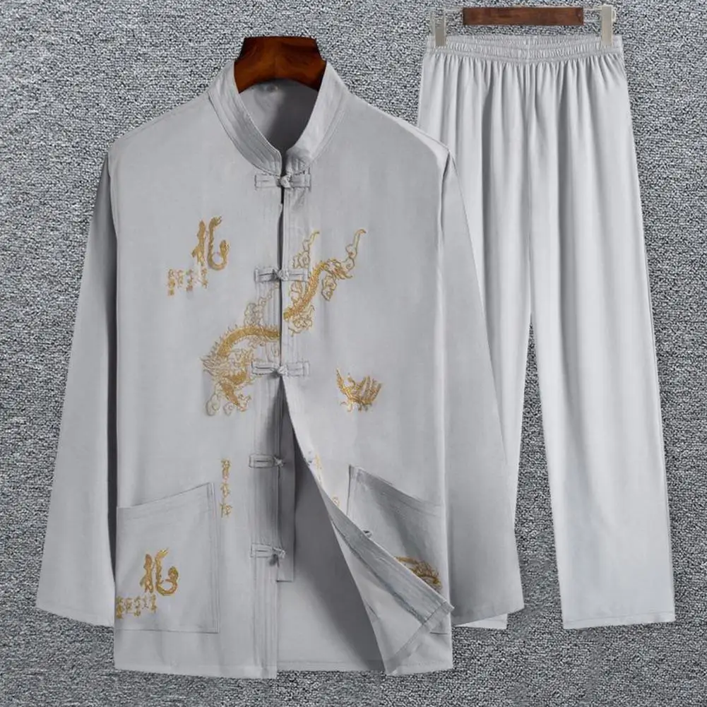 Мужской костюм в китайском стиле Тан, мужская рубашка и брюки с принтом дракона в китайском стиле, дышащая тренировочная одежда с широкими накладными карманами на штанинах