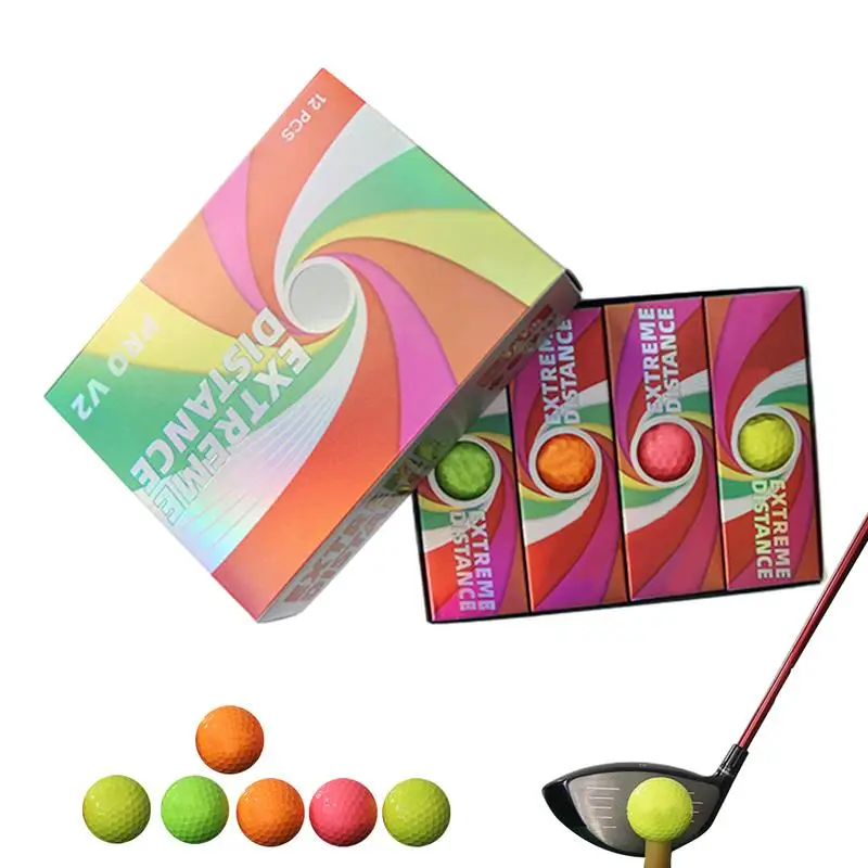 Мяч для гольфа на длинные дистанции 12шт, двухслойные Красочные тренировочные мячи для гольфа, инструмент для занятий гольфом высокого стандарта дизайна