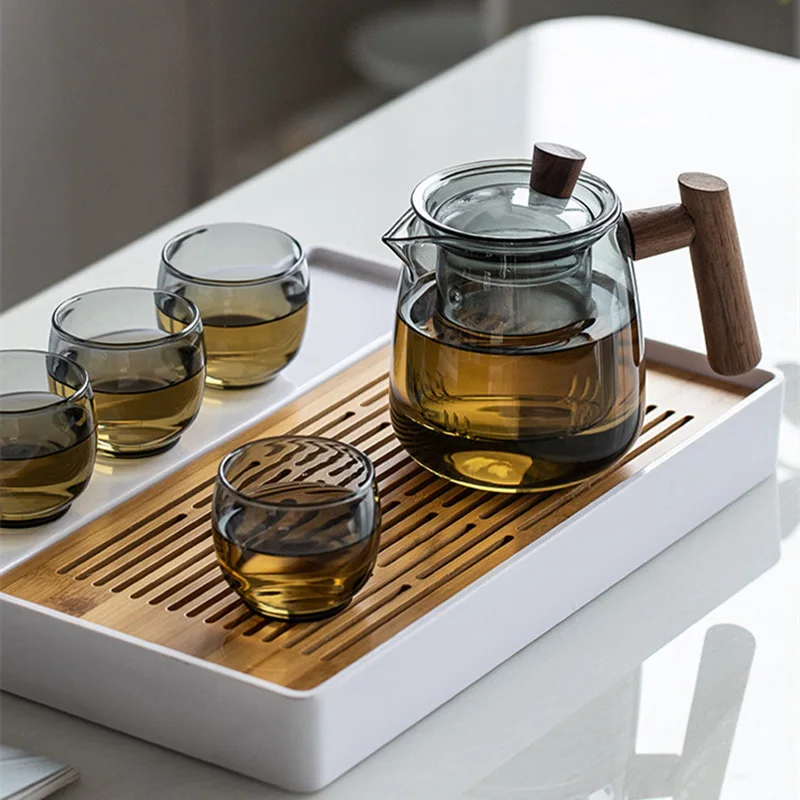 Набор японских стеклянных чайников из утолщенного термостойкого стекла, Встроенный фильтр, предметы первой необходимости для дома, 1 кастрюля, 4 чашки Изображение 0 