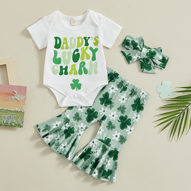 Наряд на День Святого Патрика для новорожденной девочки - Miss Lucky Charm, комбинезон, боди, Зеленые расклешенные брюки, комплект