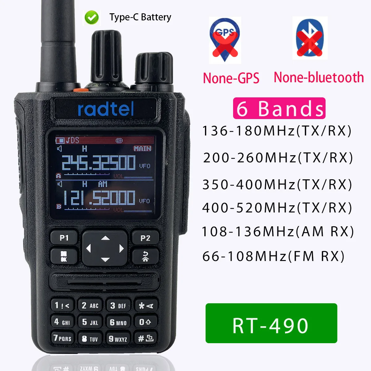 Нет GPS/Bluetooth Radtel RT-490 Шестиполосная любительская Ветчина 2-Полосные радиостанции 256 канального авиационного диапазона Walkie-Talkie AM Air Frequency RX USB-C