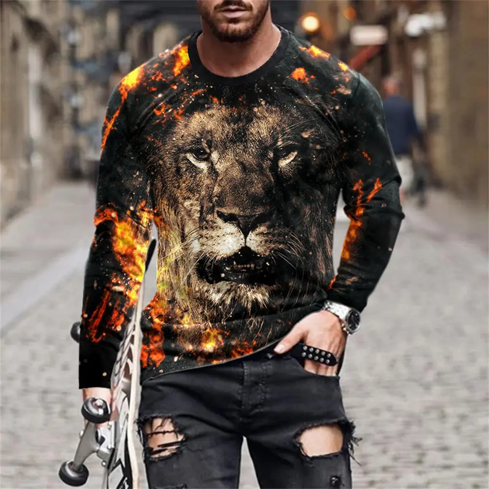 Новая винтажная мужская футболка с длинным рукавом и животным 3D принтом, осенний мужской повседневный пуловер оверсайз с круглым вырезом, модная мужская одежда Изображение 0 