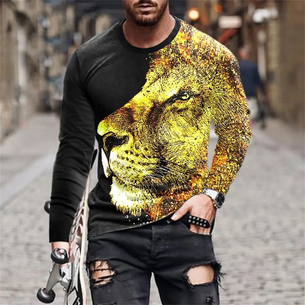 Новая винтажная мужская футболка с длинным рукавом и животным 3D принтом, осенний мужской повседневный пуловер оверсайз с круглым вырезом, модная мужская одежда Изображение 1 