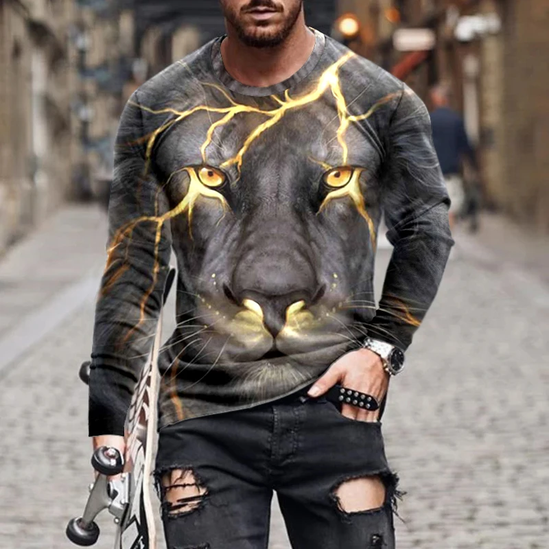 Новая винтажная мужская футболка с длинным рукавом и животным 3D принтом, осенний мужской повседневный пуловер оверсайз с круглым вырезом, модная мужская одежда Изображение 2 