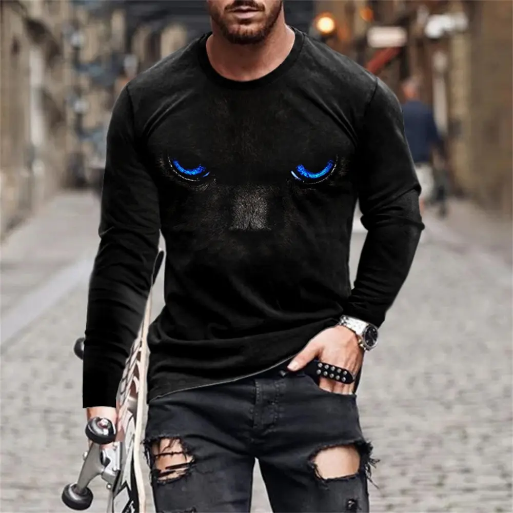 Новая винтажная мужская футболка с длинным рукавом и животным 3D принтом, осенний мужской повседневный пуловер оверсайз с круглым вырезом, модная мужская одежда Изображение 3 