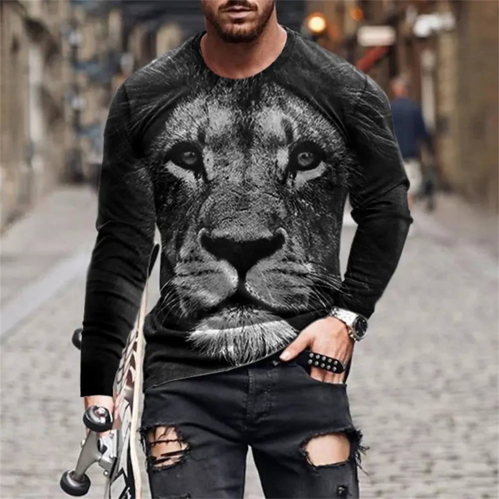 Новая винтажная мужская футболка с длинным рукавом и животным 3D принтом, осенний мужской повседневный пуловер оверсайз с круглым вырезом, модная мужская одежда Изображение 4 