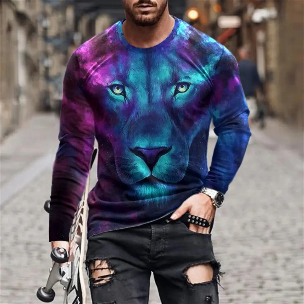 Новая винтажная мужская футболка с длинным рукавом и животным 3D принтом, осенний мужской повседневный пуловер оверсайз с круглым вырезом, модная мужская одежда Изображение 5 