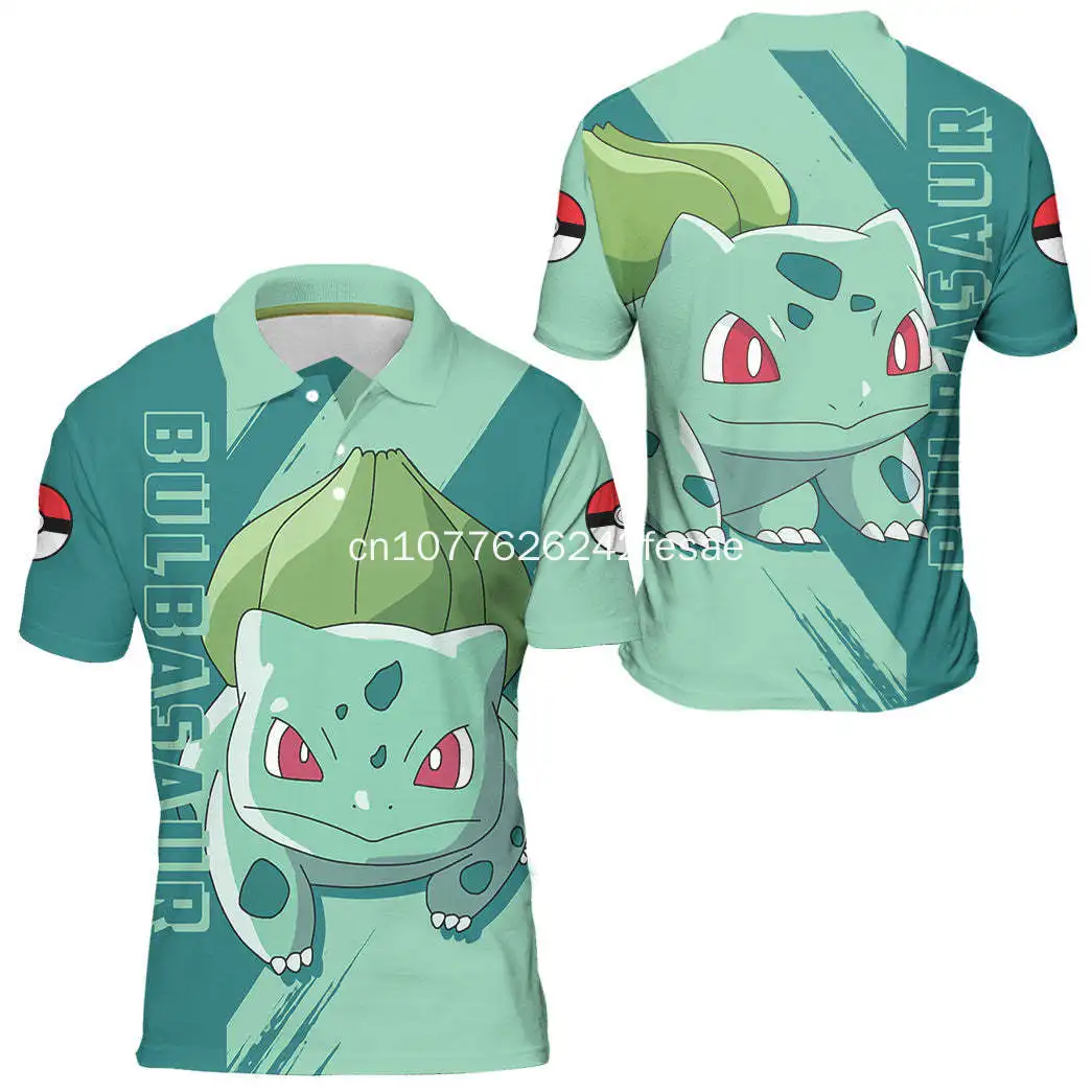 Новая мужская рубашка поло 2023 года, мужская модная повседневная рубашка поло Pokemon Bulbasaur