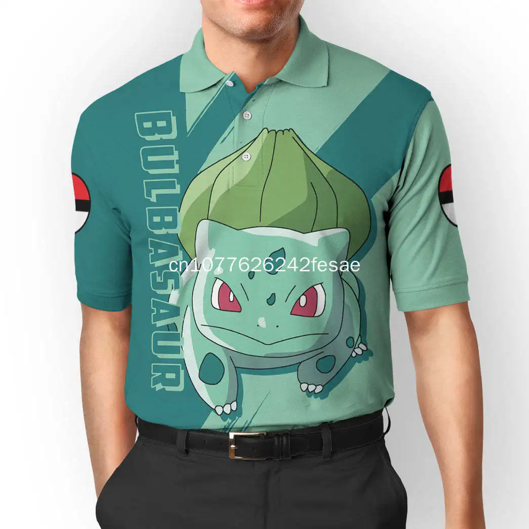 Новая мужская рубашка поло 2023 года, мужская модная повседневная рубашка поло Pokemon Bulbasaur Изображение 2 