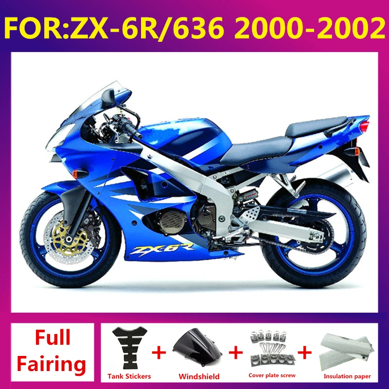 Новый комплект полного обтекателя мотоцикла ABS Подходит для kawasaki ZX6R 636 ZX-6R ZX-6 2000 2001 2002 комплекты обтекателей для кузова синий черный
