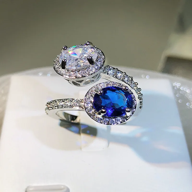 Овальные двухцветные простроченные кольца с Белым сапфиром для женщин, роскошное благородное кольцо из стерлингового серебра S925 пробы, регулируемое отверстие