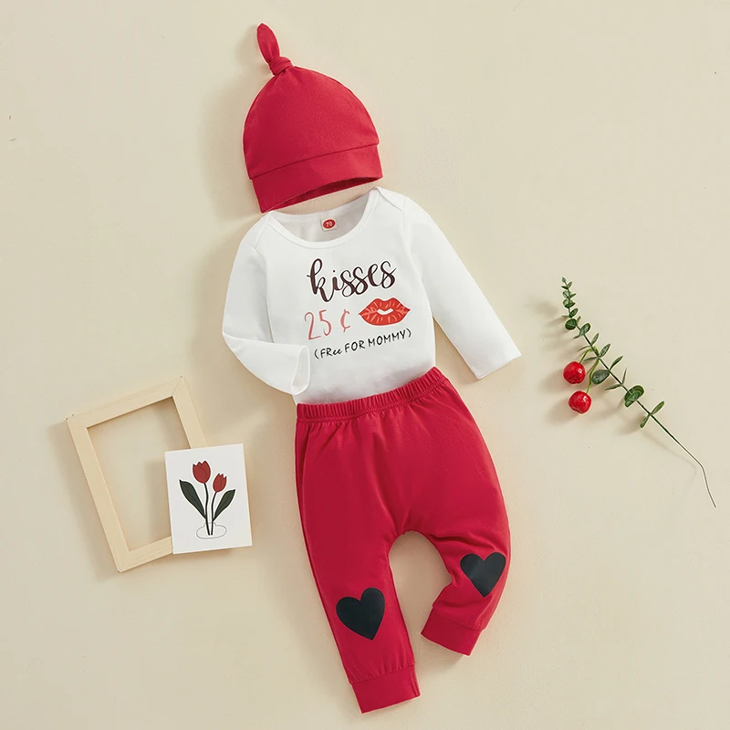 Одежда для новорожденных мальчиков на День Святого Валентина, комбинезон с длинными рукавами, боди с сердечками, Красные брюки, Шляпа, 3 шт. Изображение 0 