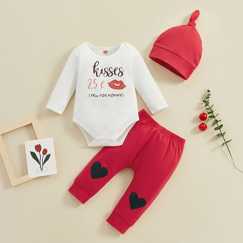 Одежда для новорожденных мальчиков на День Святого Валентина, комбинезон с длинными рукавами, боди с сердечками, Красные брюки, Шляпа, 3 шт. Изображение 4 