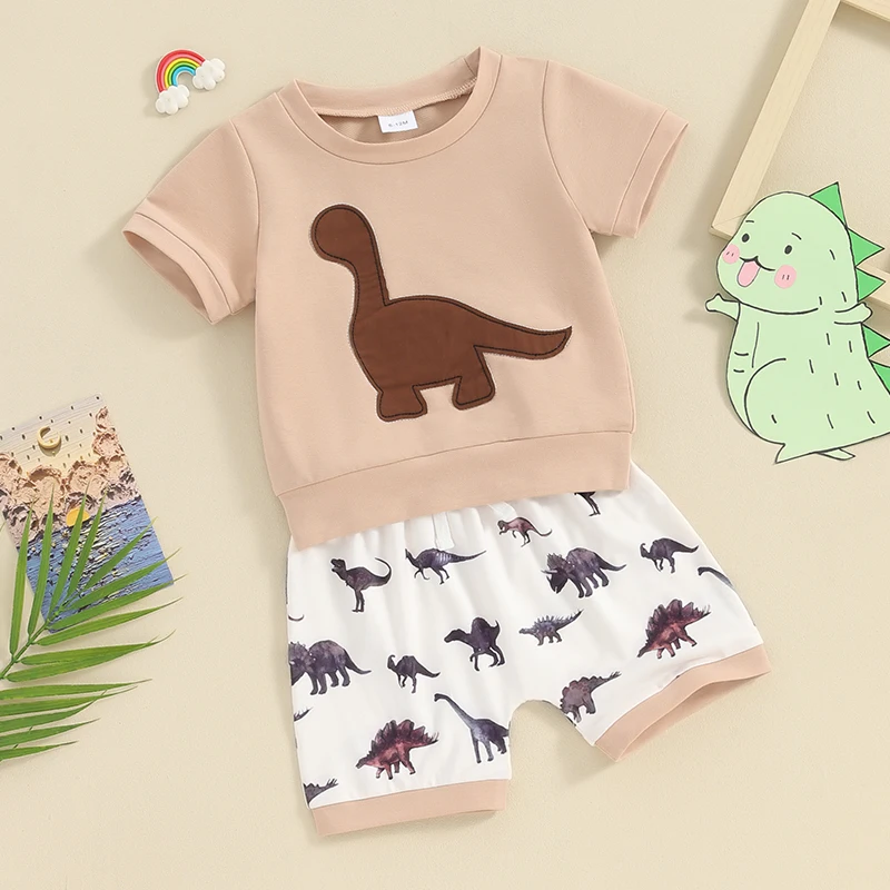 Одежда с динозаврами для маленьких мальчиков, летний комплект из футболки с короткими рукавами и шорт для бега трусцой, 2 шт. Изображение 0 