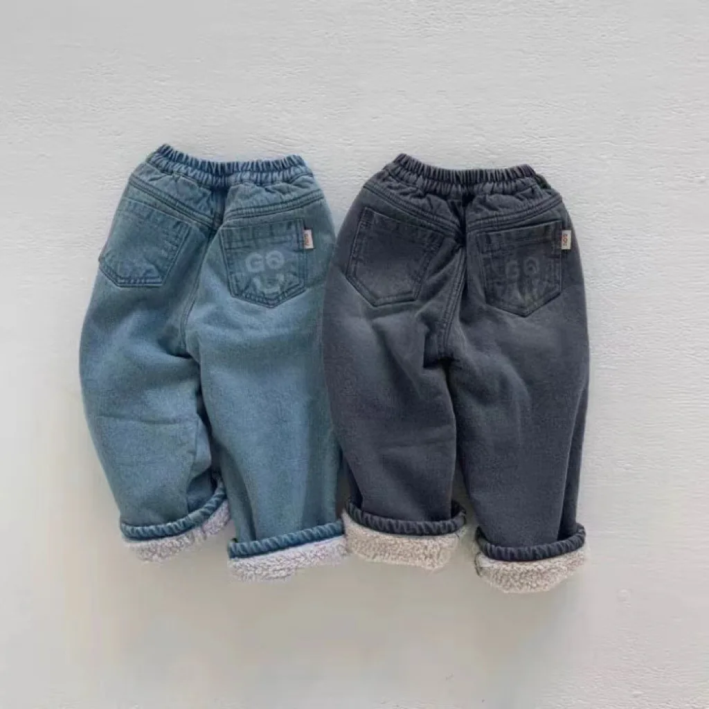 Осенне-зимние Детские брюки, однотонные флисовые джинсы для мальчиков, свободные плотные джинсы для девочек от 0 до 3 лет, теплые повседневные брюки для малышей Изображение 0 
