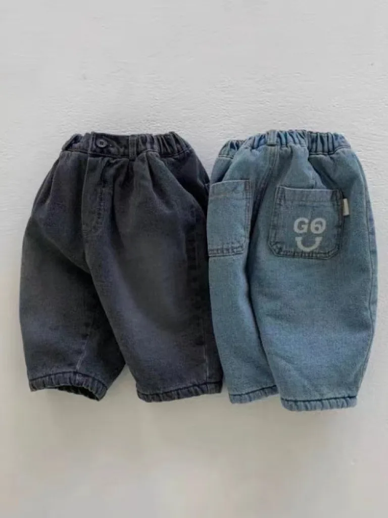 Осенне-зимние Детские брюки, однотонные флисовые джинсы для мальчиков, свободные плотные джинсы для девочек от 0 до 3 лет, теплые повседневные брюки для малышей Изображение 1 