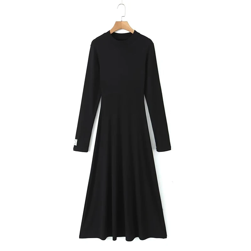 Осенне-зимние женские винтажные черные эластичные трикотажные платья Макси с круглым вырезом