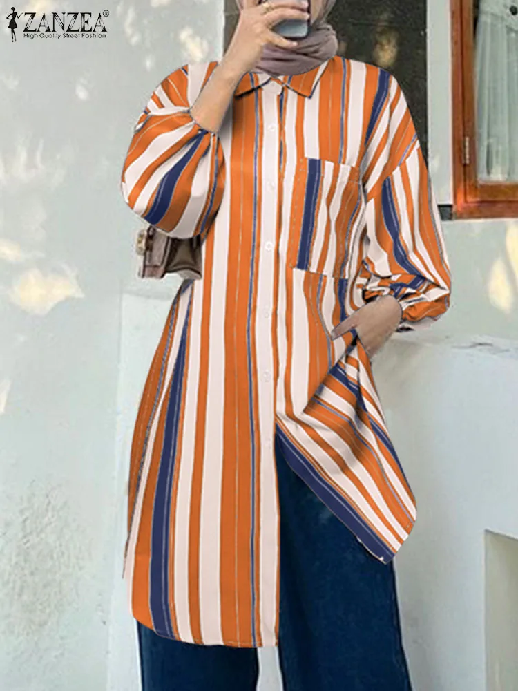 Осенние модные мусульманские топы с отворотом и длинным рукавом, повседневная блузка на пуговицах Ramadan Blusas ZANZEA, винтажная женская рубашка в полоску Изображение 0 