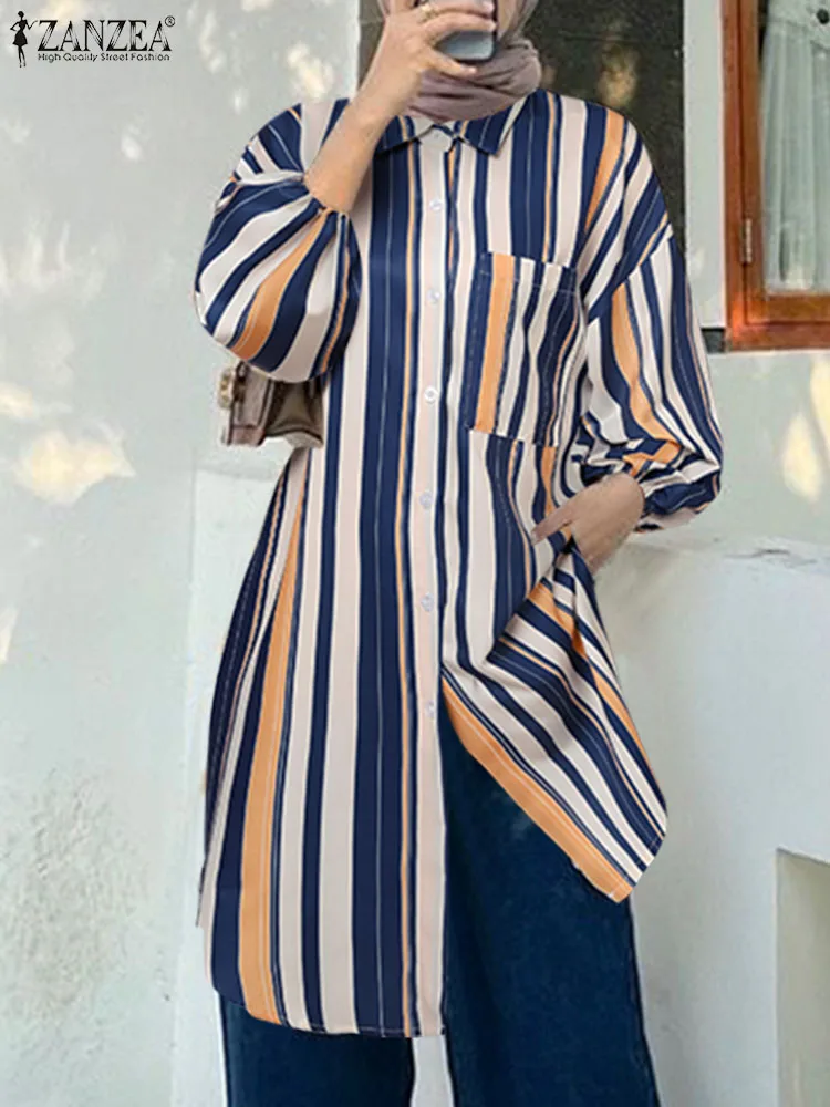 Осенние модные мусульманские топы с отворотом и длинным рукавом, повседневная блузка на пуговицах Ramadan Blusas ZANZEA, винтажная женская рубашка в полоску Изображение 1 
