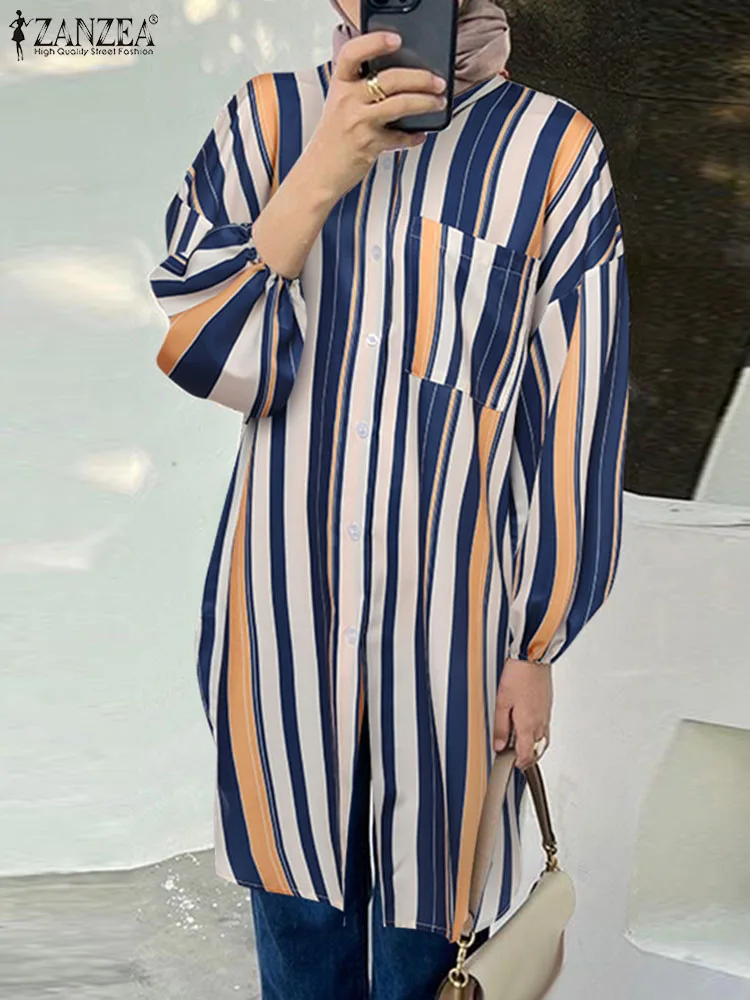 Осенние модные мусульманские топы с отворотом и длинным рукавом, повседневная блузка на пуговицах Ramadan Blusas ZANZEA, винтажная женская рубашка в полоску Изображение 3 