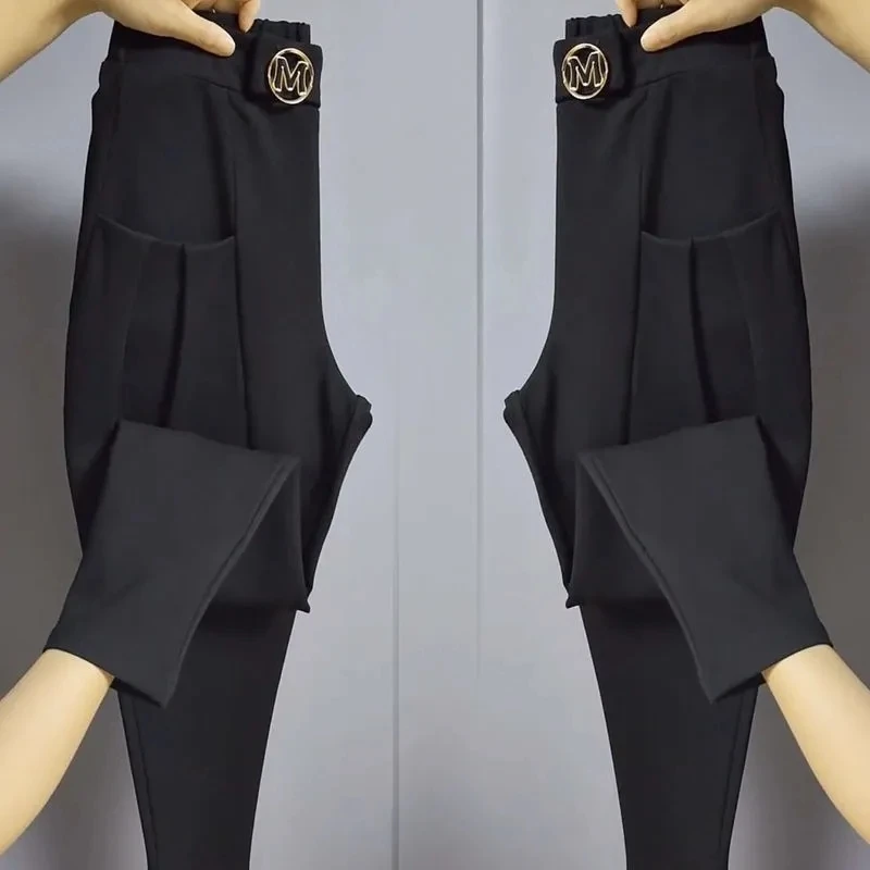 Осенние повседневные черные брюки с карманами и высокой талией, женские винтажные однотонные шаровары с эластичной резинкой на талии