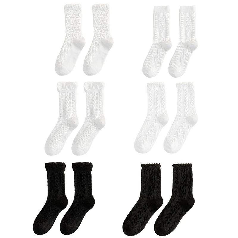 Осенние хлопчатобумажные носки для мальчиков и девочек, твист-трикотаж в стиле колледжа, Волнистая Полосатая отделка с оборками, Черный, Белый, Студенческий 066C