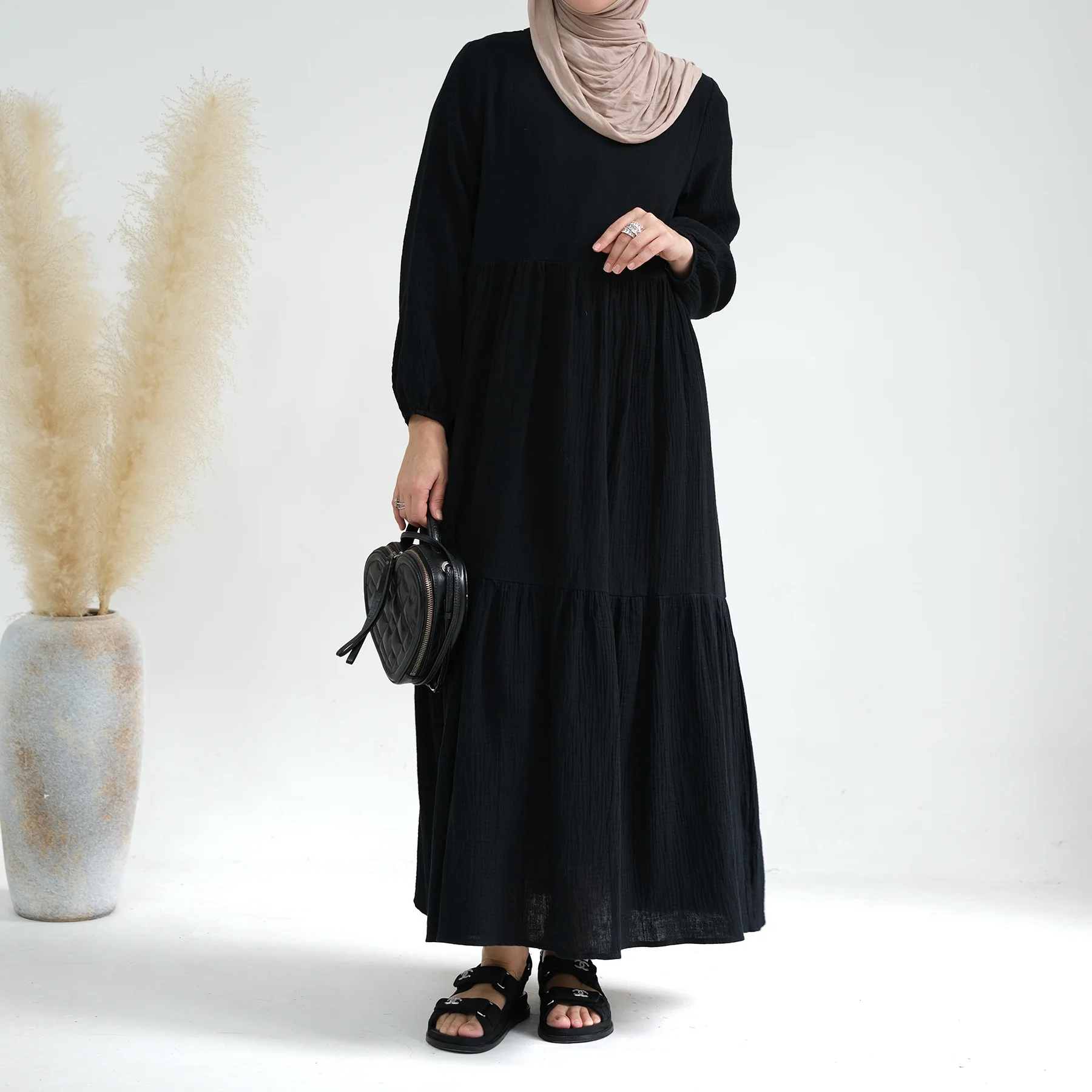 Осенняя Абая для женщин, Хлопковое Свободное исламское длинное платье, однотонный мусульманский хиджаб, Дубайский турецкий скромный кафтан Рамадан Ид Изображение 2 
