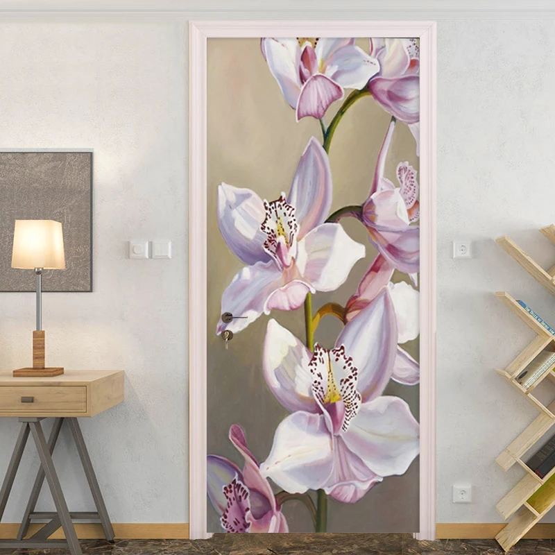 ПВХ Водонепроницаемая Дверная Наклейка 3D Ручная Роспись Абстрактных обоев с цветком Лилии Наклейка на дверь гостиной спальни Современное искусство 3D Наклейки