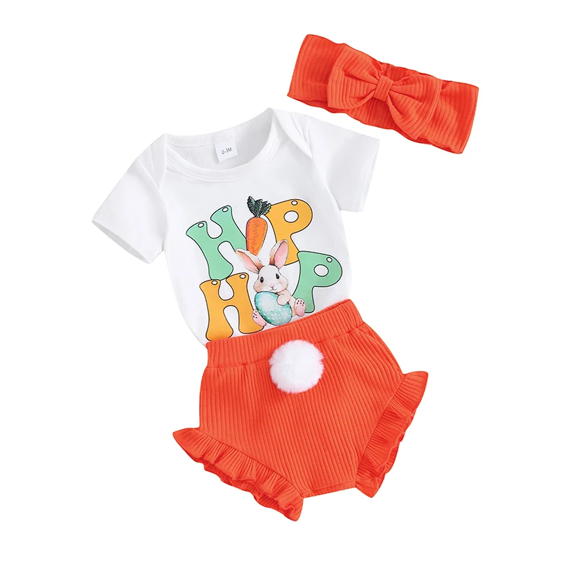 Пасхальные наряды для новорожденных девочек, летние ползунки с коротким рукавом, шорты, повязка на голову, комплект одежды из 3 предметов для новорожденных Изображение 2 