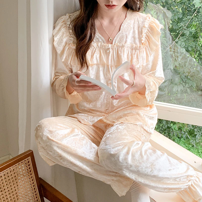 Пижама большого размера, женская осенне-зимняя пижама из золотистого бархата, популярная домашняя одежда, костюм-пижама Изображение 2 
