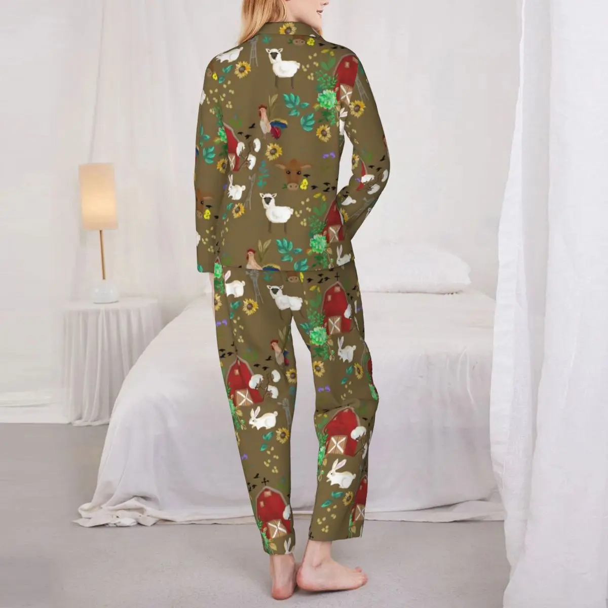 Пижамы для фермерского дома, осенние пижамы с забавным животным принтом, Повседневные пижамные комплекты Оверсайз, Женский домашний костюм в стиле ретро с длинным рукавом Изображение 2 