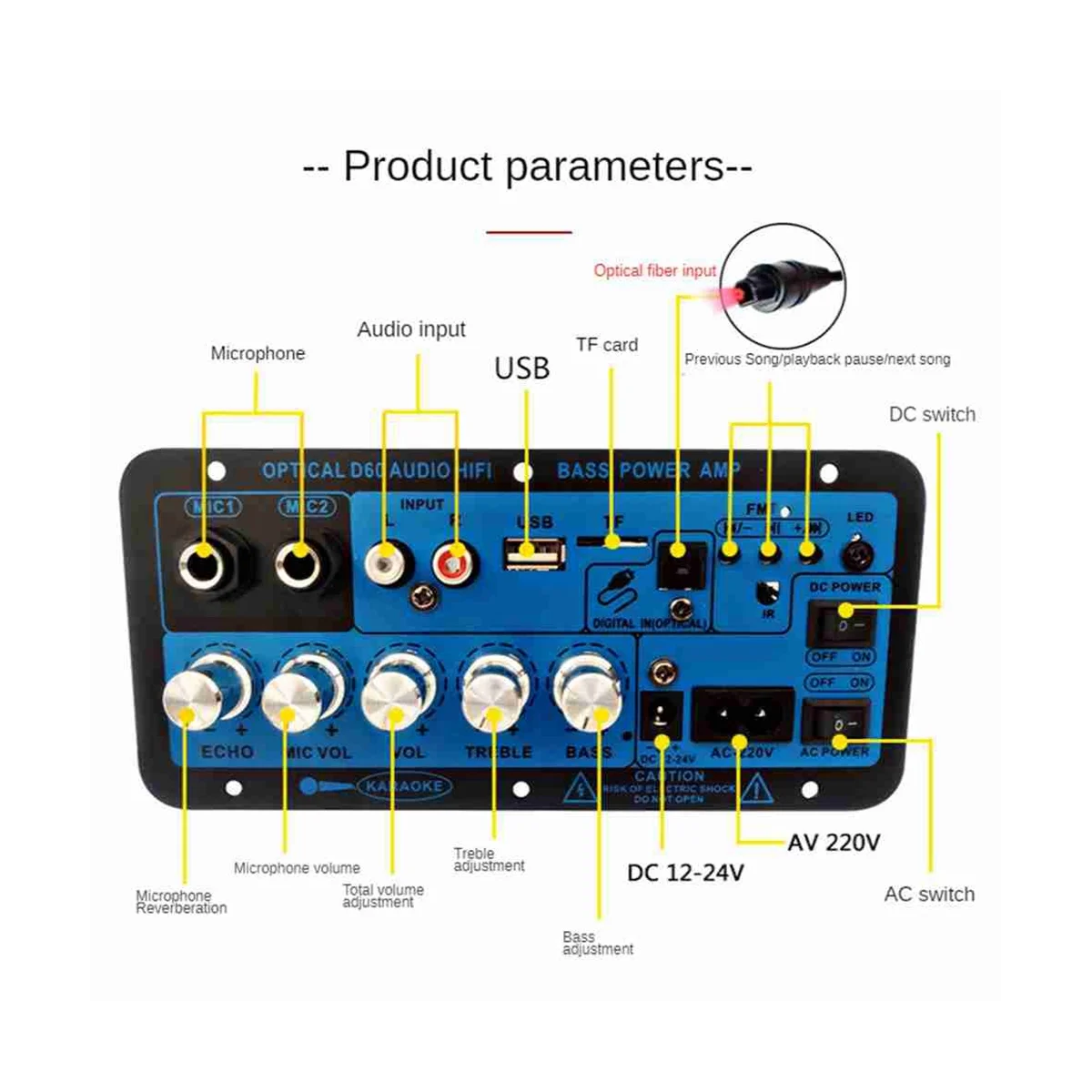 Плата усилителя Bluetooth BT5.0 Усилитель басов Высокой мощности Оптический аудиовход Караоке Аудио Материнская плата (штепсельная вилка США) Изображение 4 