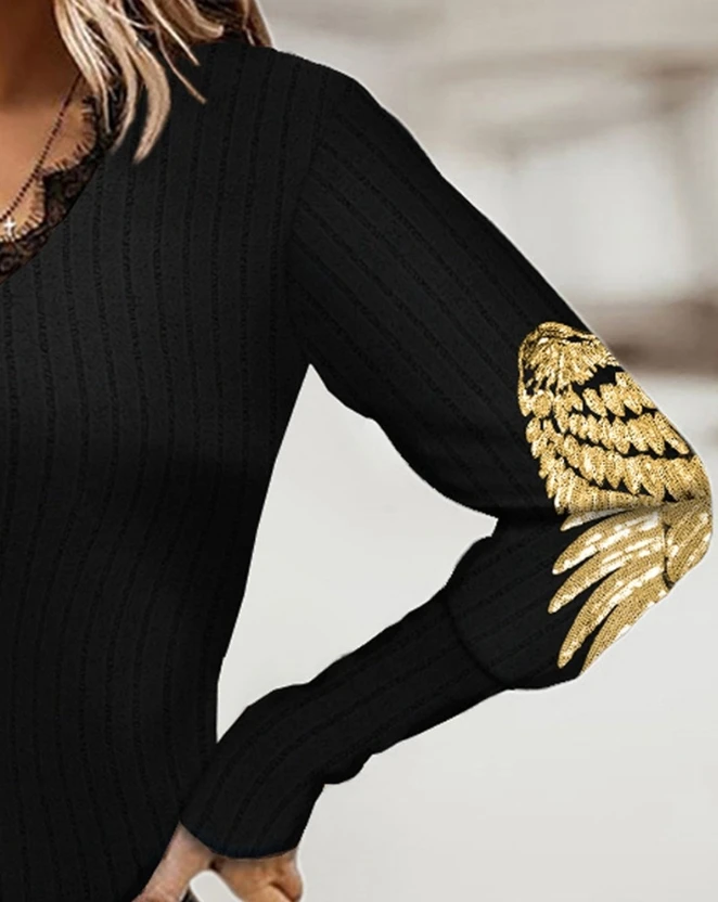 Повседневные женские модные блузки 2023, Осенняя одежда, V-образный вырез, длинный рукав, крылья Ангела, узор, контрастная кружевная футболка с блестками для ресниц, Изображение 2 