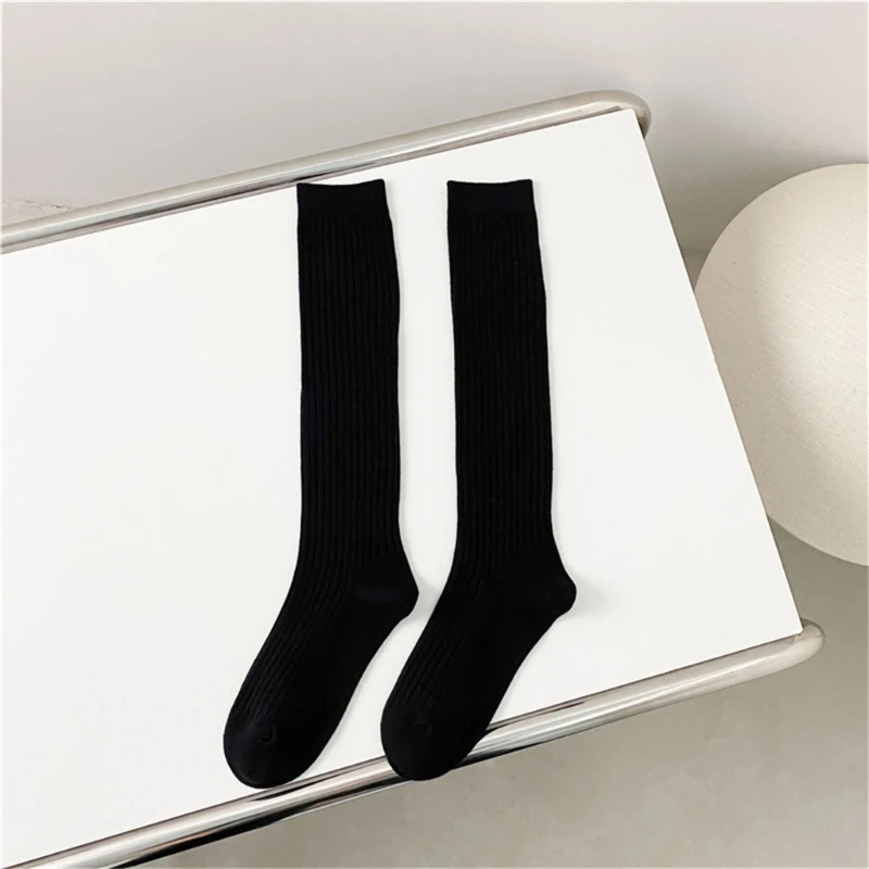 Повседневные хлопчатобумажные Длинные носки Для женщин и девочек, Вязаные в рубчик, Однотонные чулки до колена Изображение 0 