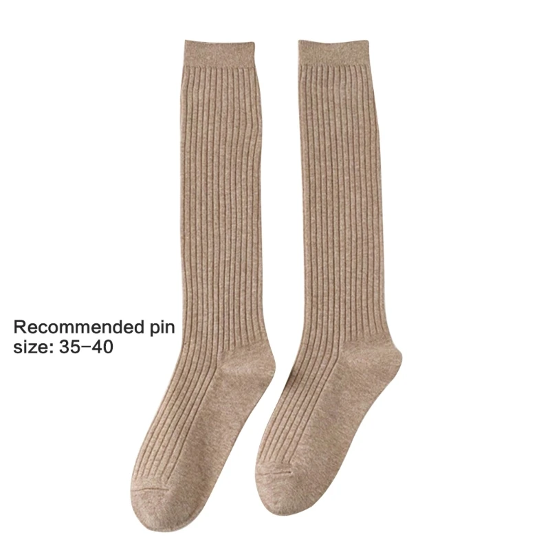 Повседневные хлопчатобумажные Длинные носки Для женщин и девочек, Вязаные в рубчик, Однотонные чулки до колена Изображение 5 
