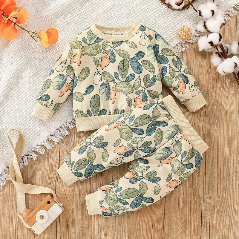 Повседневный комплект одежды из двух предметов для мальчиков, пуловер и брюки с рисунком листьев и цветов, 40
