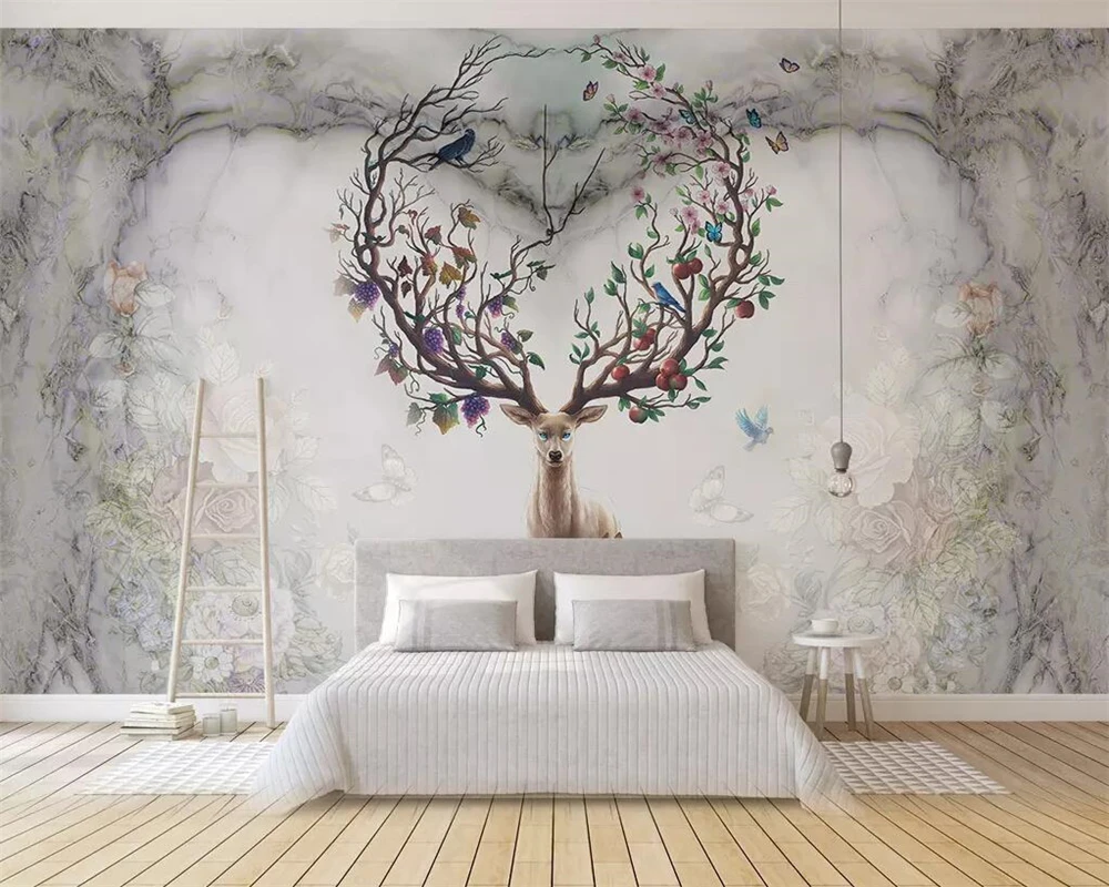 Пользовательские обои фото Скандинавский ретро винтажный лось в форме сердца мраморный фон гостиная спальня фрески 3d обои