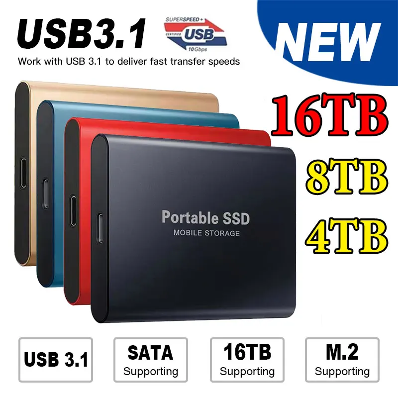 Портативный SSD Внешний твердотельный накопитель 16 ТБ 8 ТБ 4 ТБ 2 ТБ Высокоскоростной внешний жесткий диск M.2 с интерфейсом USB 3.1 Накопитель большой емкости Изображение 0 