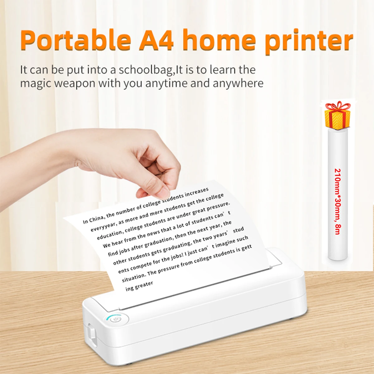 Портативный Бумажный Принтер A4 X8 Для Термопечати Wireless BT Connect, Совместимый с Мобильным Фотопринтером IOS и Android, Поддерживает 210 мм