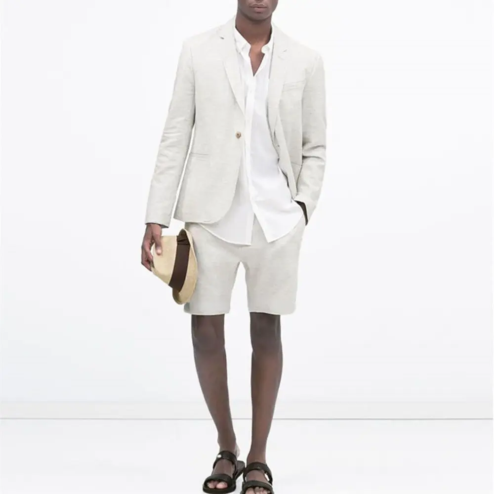 Последние модели пальто и брюк Кремово-белый мужской костюм, короткие брюки, льняные Повседневные Пляжные летние костюмы, Приталенный смокинг из 2 частей, Terno Vestidos