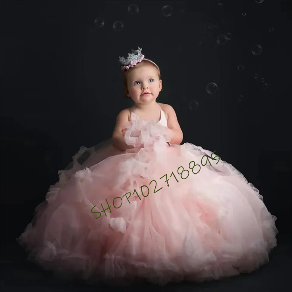 Прекрасное розовое бальное платье без рукавов для девочек в цветочек, платья для свадьбы 2023, Тюлевые оборки, Форма для дня рождения принцессы, Форма для Первого Причастия