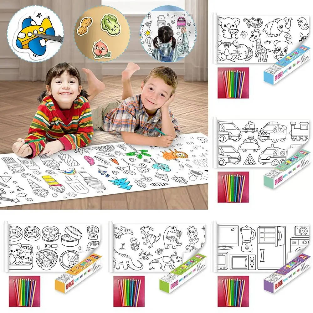 Принадлежности для рисования и рукоделия для малышей, детский рулон для рисования, детская бумага для раскрашивания, рулон с 12 цветными карандашами