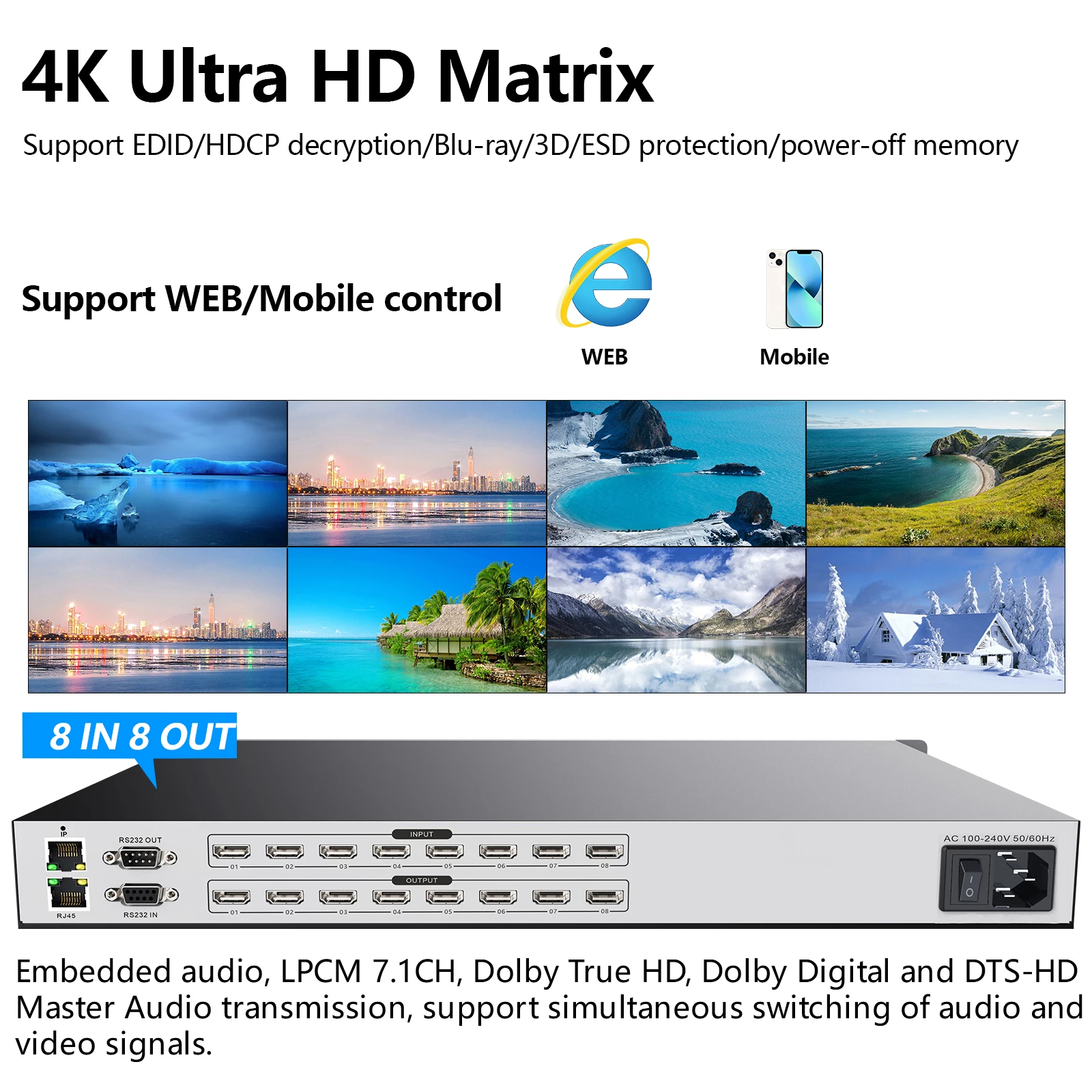 Профессиональный Матричный Коммутатор 8x8 Splitter 8 in 8 out Видеостена 4K 30Hz 4x4/8x16/16x16 Для HDMI Audio Video Switcher Web Control Изображение 0 