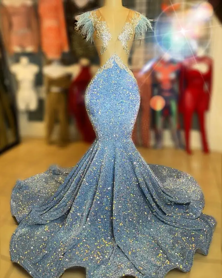 Пыльно-голубое платье Русалки для выпускного вечера для женщин, серебряное, с кристаллами, бархатное, вечернее платье для дня рождения, женское вечернее платье