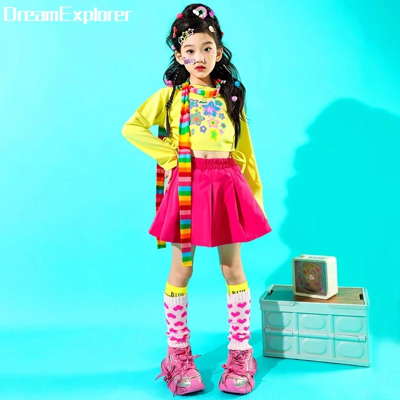 Разноцветный укороченный топ в стиле хип-хоп для девочек, юбки для уличных танцев, Детская Уличная одежда, свитшот ярких цветов, Детские комплекты одежды для джаза