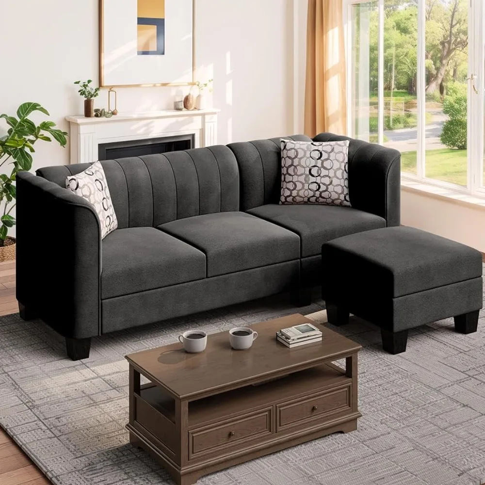 Раскладной L-образный секционный диван-кушетка, черный, диван-кровать из льняной ткани