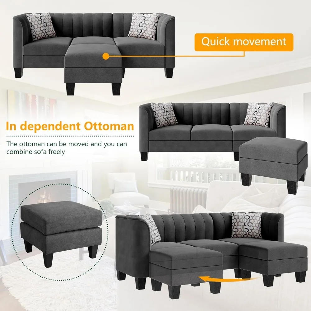 Раскладной L-образный секционный диван-кушетка, черный, диван-кровать из льняной ткани Изображение 4 