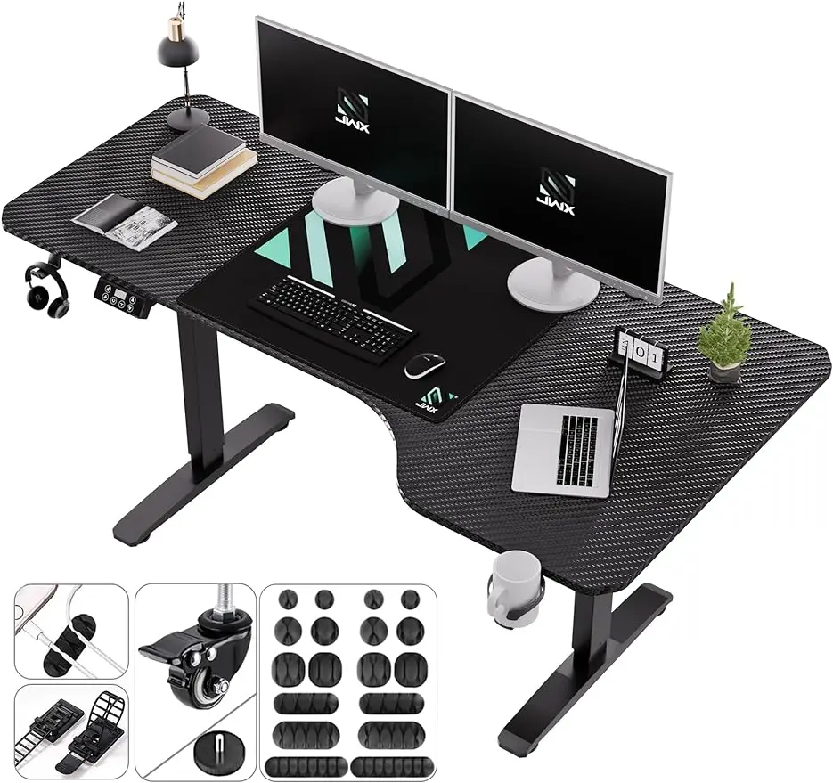 Регулируемый письменный стол, 63 дюйма, L-образный электрический игровой стол с фиксирующимися колесиками, подстаканник, крючок для наушников