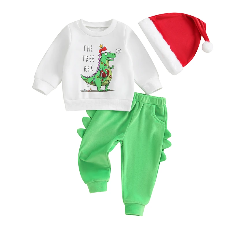 Рождественские Наряды для маленьких мальчиков и девочек, повседневные толстовки с длинными рукавами и буквенным принтом в виде динозавра, Длинные брюки, Шляпа, Комплект одежды для малышей из 3 предметов
